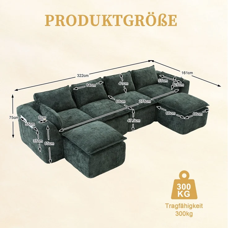 Modulares Sofa 322x161x75 cm aus grünem Chenille mit Seitentaschen und Hockerelement – Bild 5