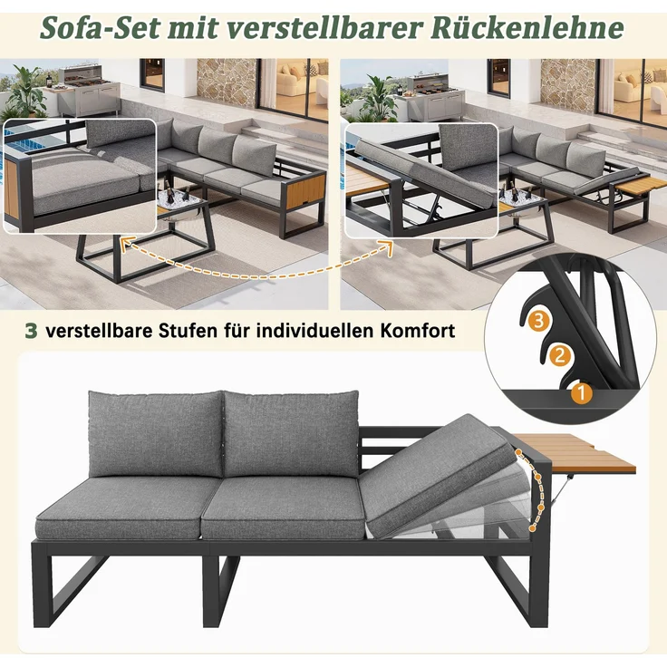Merax Gartenmöbel-Set, Garten-Lounge-Set für 7 Personen, Outdoor-Sofa-Set mit verstellbarer Rückenlehne, ausklappbaren Armlehnen und Metall-Eisbehälter, Grau – Bild 9