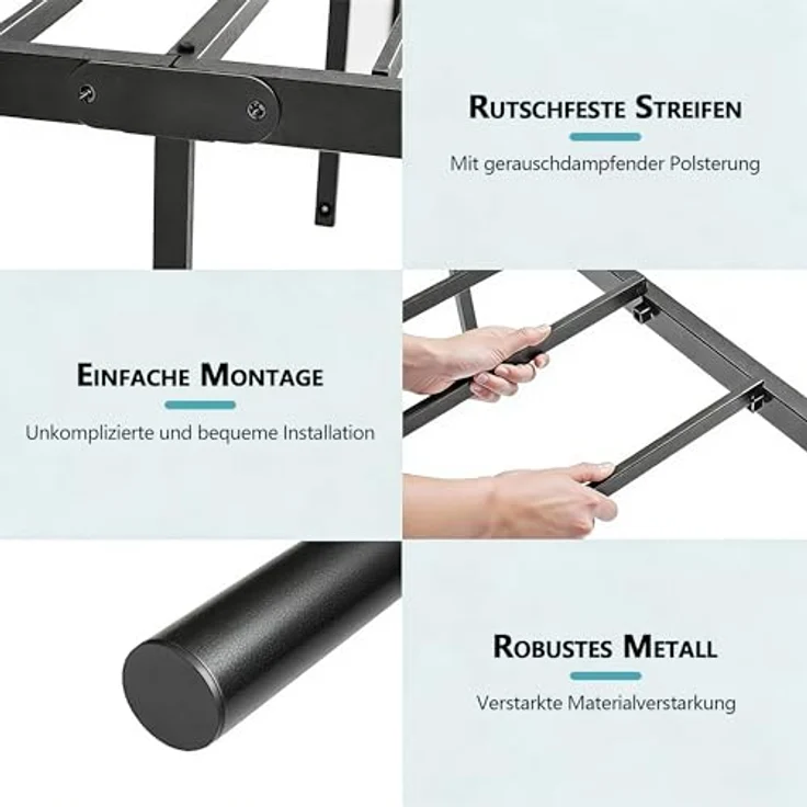 Metallbett 140x200 cm Bettrahmen mit Hohem Kopfteil, Stabiles Bettgestell Doppelbett aus Metall mit Lattenrost, Metall Gästebett Jugendbett, Viel Stauraum unter dem Bett, Schwarz – Bild 5