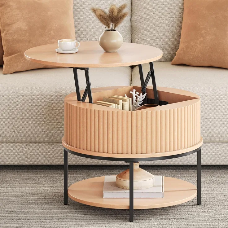 YITAHOME Couchtisch Höhenverstellbar, Couchtisch Rund mit geriffeltem Design und verstecktem Stauraum, Centro Sofa-Beistelltische für das Wohnzimmer, Eiche