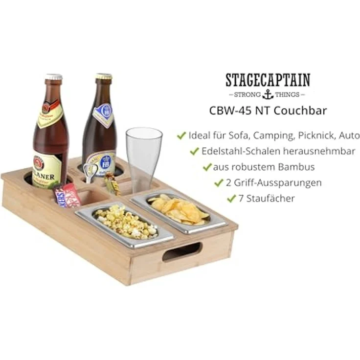 Stagecaptain Tablett CBW-45 NT Couchbar aus nachhaltigem Bambus für Wohnzimmercouch, (praktische Griff-Aussparungen), 7 Staufächer für z. B. Snacks und Getränke sowie Flaschenöffner – Bild 4
