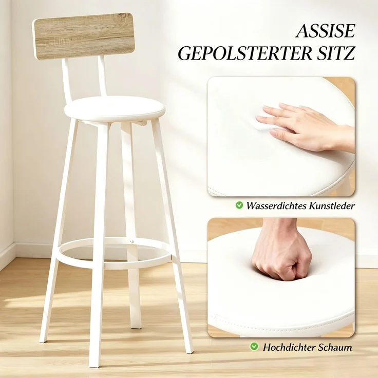 2‑er‑Satz Barstühle,Barhocker, Barhocker mit Rückenlehne und Fußstützen, 75,5 cm Sitzhöhe, Sitzpolster,für Theke und Küchenbar(nur mit 2pcs Barstühle)--Eiche, Weiß--41.5x36.5x99cm--YOUDENOVA – Bild 9