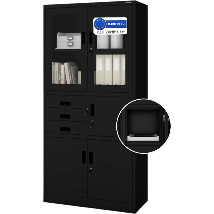 Vitrinenschrank abschließbar GEDO - mit Tresor & Schubladen| Büroschrank aus Stahl Aktenschrank mit Glasfenster Metallschrank Mehrzweckschrank, 185x90x40cm Schwarz – Bild 1