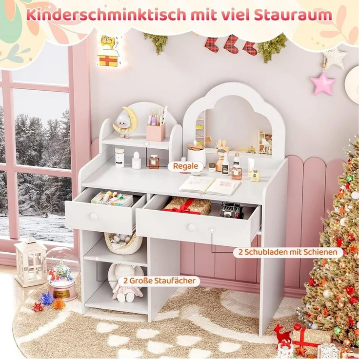 TLGREEN Schminktisch, Kinder Schminktisch mit Spiegel und Stuhl (Mädchen Schreibtisch & Maltisch mit 2 Schubladen, Prinzessin Frisiertisch aus Holz), 73.5x40x90.5cm, Sicher & Stabil – Bild 3