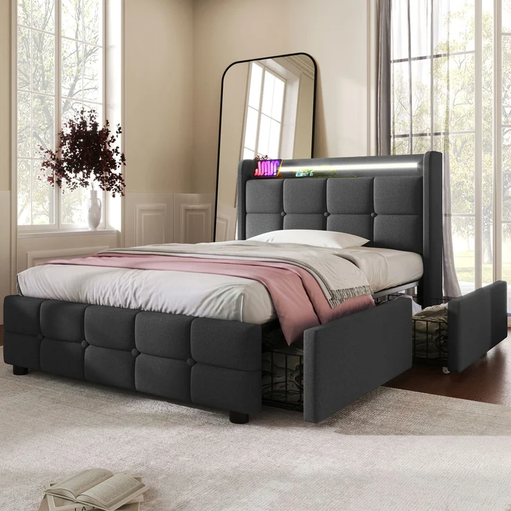 Einzelbett 90 × 200 cm mit Steckdosen,USB-Anschlüssen und LED-Beleuchtung,2 Schubladen,Leinenbezug in Grau – Bild 3