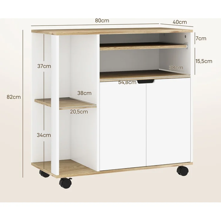 HOMCOM Küchenwagen, MDF, Naturholz+Weiß, 80L x 40B x 82H cm – Bild 3