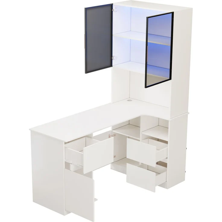 Flieks Eckschreibtisch mit LED-Vitrine & Regal 120×80×180 cm, Computertisch mit 3 Schubladen, 2 Türen, Haustierfach, Rechte Ecke, Weiß – Bild 8
