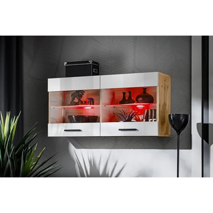 Komodee Hängevitrine Savona, Eiche Wotan und Weiß, 2 Fächer, Rechteckig, 100x50x27.2 cm, für Wohnzimmer und Wohnwände