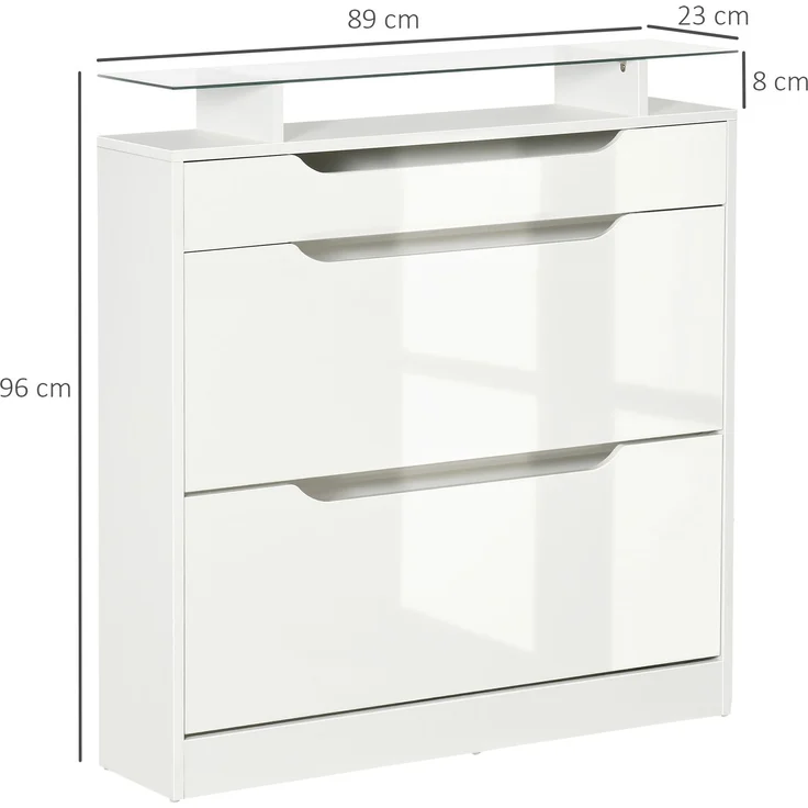 Schuhschrank mit 2 Klappschubladen + 1 Auszugsschublade + 1 Ablagefläche und 1 weißer Glasplatte – Bild 5