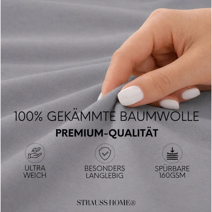 Strauss Home Spannbettlaken Premium 160 g/m² Gekämmte Baumwolle Jersey in Hotelqualität, Gummizug: Rundumgummi, OEKO-TEX®-zertifiziert - Hotelqualität – Formstabil & Langlebig – Bild 2