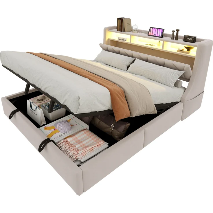 U-life Polsterbett 180x200 cm, fürs Schlafzimmer, hydraulischer Stauraum, klappbar, Steckdose und Ablagefach, LED-Beleuchtung, Sperrholz, Beige – Bild 10