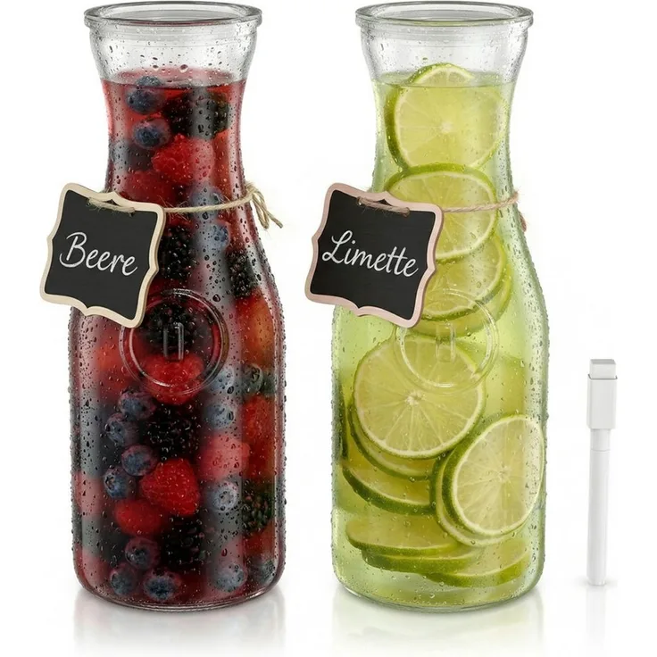Arendo Karaffe Glaskaraffe mit Deckel, Wasserkaraffe, Glaskrug 2er Set 1L, (Set, 2-tlg, 2 Karaffen mit Deckeln und 2 Holztafel-Etiketten), Kalt- und Warmgetränke, 1000 ml, hochwertiges, robustes Klarglas