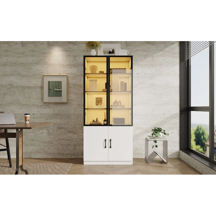 ZUBALIYA 60×40×160 cm große Vitrine mit LED-Beleuchtung – Vitrine aus Rauchglas mit Aluminiumrahmen und zwei Türen im unteren Bereich, Bücherregal, Vitrine,Sideboard – Bild 16