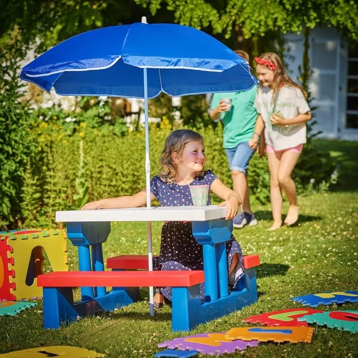 DEUBA Kindersitzgruppe Garten, Tisch und 2 Bänke mit Sonnenschirm, mehrfarbig, 47 x 41 x 67 cm – Bild 4