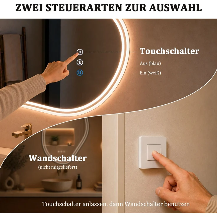 GIMBELEN LED Badezimmerspiegel 90x60 cm, asymmetrischer Wandspiegel mit Beleuchtung, 3 Lichtfarben, dimmbar, Anti-Beschlag, Touch-Schalter, Memory-Funktion, Sicherheitsglas, Weiß – Bild 3