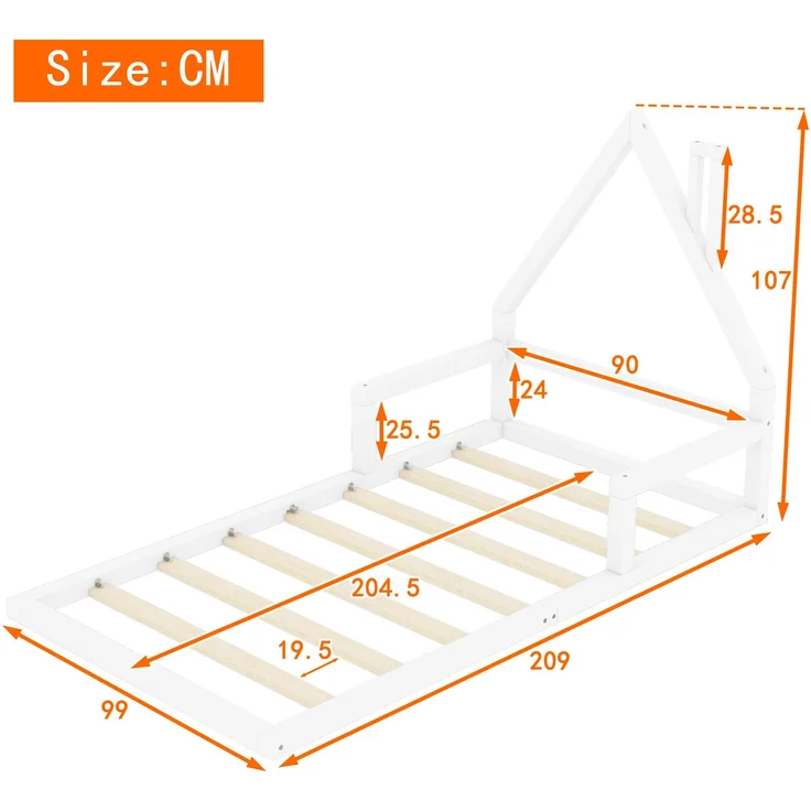 Kinderbett 90x200 cm in Hausform, Weiß,stabiles Flachbett mit 7 Lattenrosten, modernes Hausbett,leicht zu montieren und pflegeleicht – Bild 5