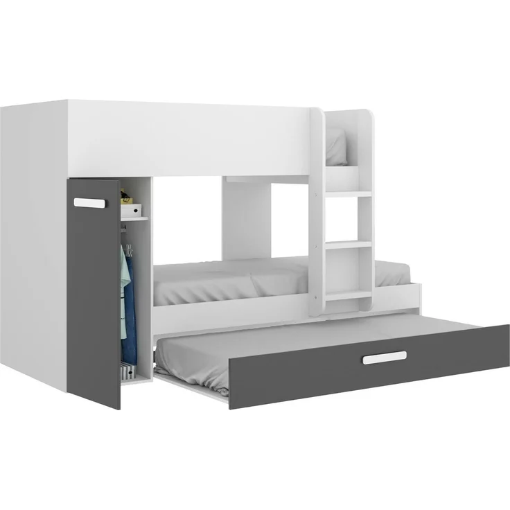 Dmora - Schlafzimmer Eiger, Komplettes Schlafzimmer, Etagenbettkomposition mit Zwei Einzelbetten, 244x112h150 cm, Weiß und Anthrazit – Bild 7