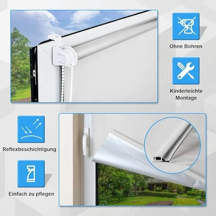 Verdunklungsrollo ohne Bohren Rollos für Fenster und Tür 110x130 cm(BxH) Weiß Thermo Rollo Klemmfix Verdunkelungsrollo Seitenzugrollo Lichtblick Sicht-und Sonnenschutz Wand-und Deckenmontag – Bild 3