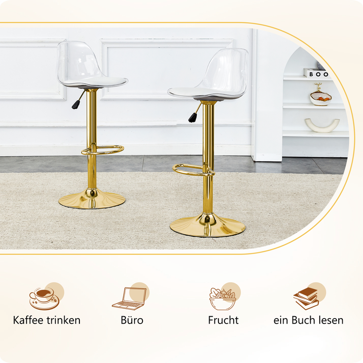 Flexibles Bar-Set: 89 cm Glastisch + 2 Hocker mit goldfarbenen Beinen, höhenverstellbar & drehbar, • Transparente Optik • 360°-Drehung • Vielseitig nutzbar, Schafft visuelle Weite und spart Platz.--Gold, Transparent--93x93x6cm--YOUDENOVA – Bild 6