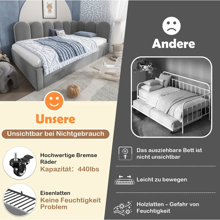 Daybett 90x200 cm mit Ausziehbett 90x190 cm – gepolstertes Kinderbett aus Samt in Grau – Bild 7