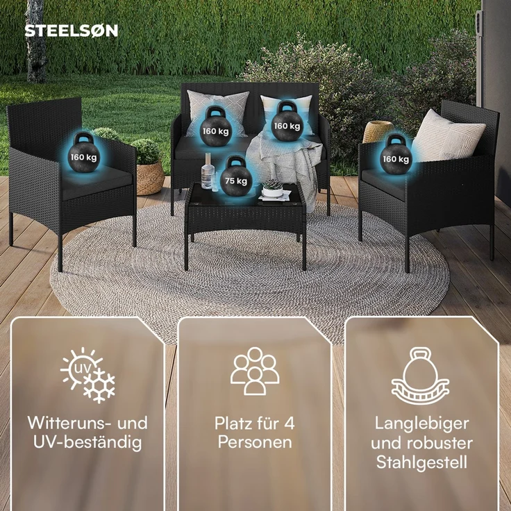 STEELSØN 'Thalora' Gartenlounge Set, 4-tlg. Sitzgruppe mit Sofa, 2 Stühlen und Tisch, inkl. Kissen, schwarz/anthrazit, aus Polyrattan – Bild 3