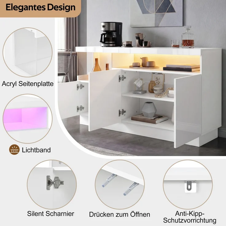 DESVIAE Sideboard mit LED-Beleuchtung und 3 Türen 140x80x36 cm aus PB und MDF Weiß – Bild 5