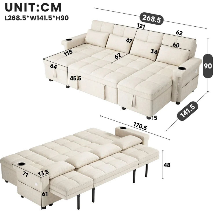 U-förmiges Ecksofa, Chenille mit Schlaffunktion und Stauraum, 268,5 x 141,5 x 90 cm, Beige – Bild 5