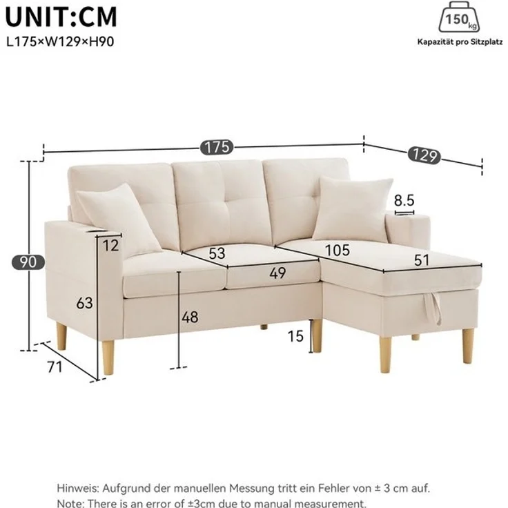 Merax 3-Sitzer Ecksofa Eckcouch in L-Form Eckgarnitur, L-förmiges Sofa aus Baumwoll- und Leinenstoff, 175*129*90cm 1 Teile, 3-Sitzer-Sofa mit integriertem Stauraum, Getränkehaltern und 2 Kissen – Bild 4