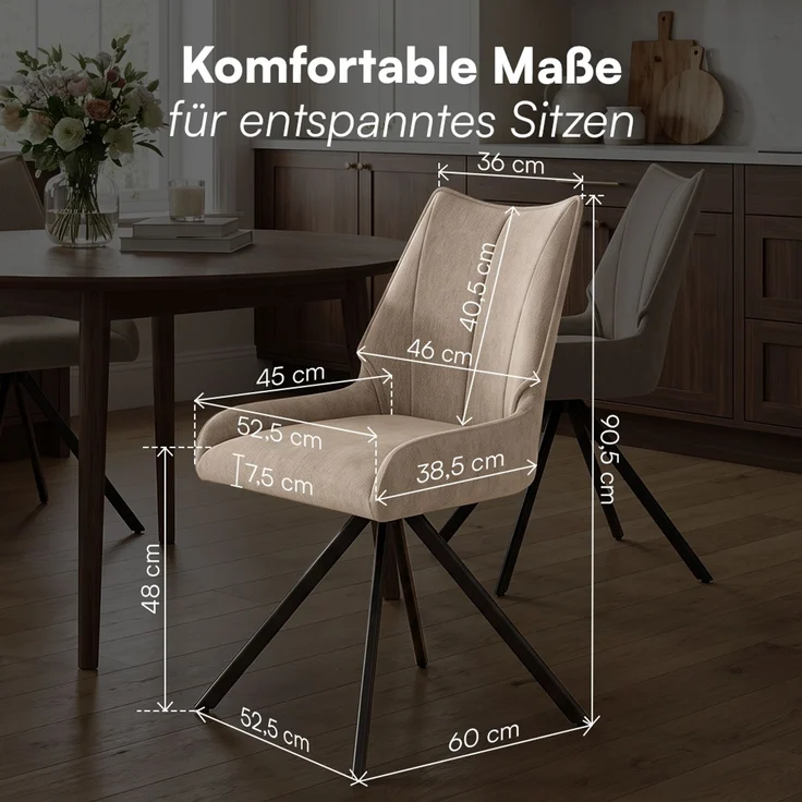 skølm 'Freyja' Esszimmerstühle, 4er Set, hellbraun, gepolsterter Leinenbezug, höhenverstellbar & drehbar, Polsterstühle mit Armlehnen – Bild 8