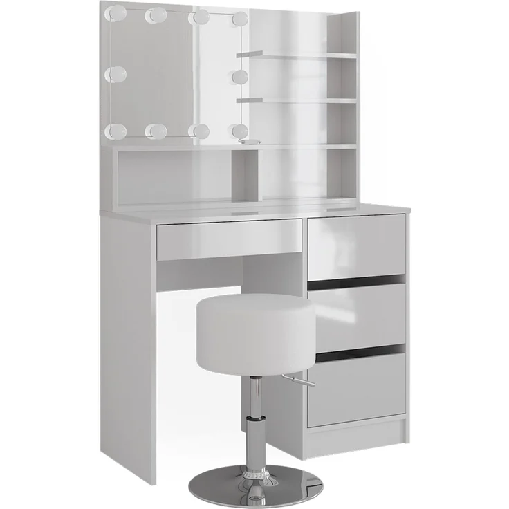 Schminktisch Sherry Weiß 90 cm mit LED Beleuchtung, Hocker und Spiegelregal Vicco – Bild 1