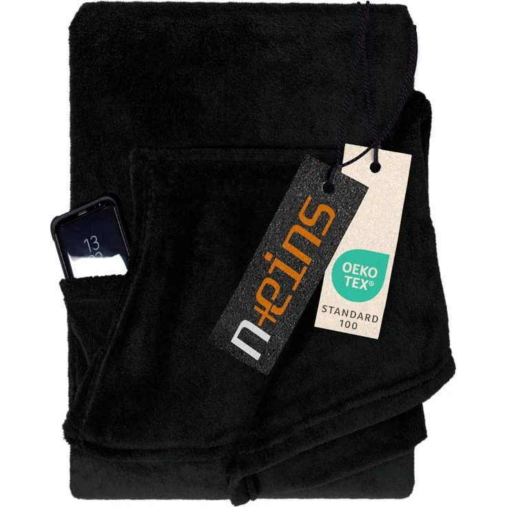npluseins Coral Fleece Kuscheldecke – das Original mit Ärmel & Bauchtasche 1448. 2043, schwarz