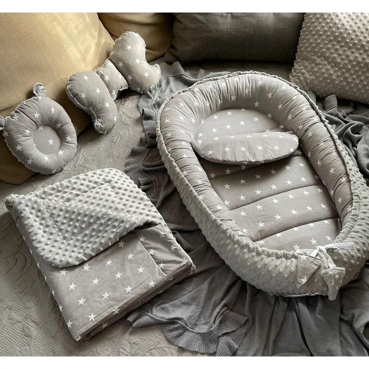 Loolay Bettnestchen MINKY/ Baumwolle BABYNEST Babykokon Geschenk Babyausstattung SETS, (MUSTER: Sterne GRAU/ MINKY Grau, SOLO oder im SETS, 5-tlg, PREMIUM BABYGESCHENK Neugeborene Nestchen, Babynestchen, Reisebett), LOOLAY® - 100% Europäische Stoffe un... – Bild 5