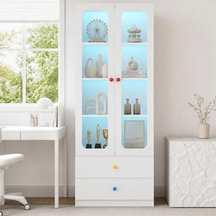 ZUBALIYA Glasvitrine, Aktenschrank, Sammelfiguren-Vitrine, 4 Ebenen Spielzeugschrank mit 2 Schubladen, RGB-LED-Beleuchtung per App steuerbar, Kindermöbel, bunte kugelförmige Keramikgriffe, weiß, 60x35x170 cm – Bild 2
