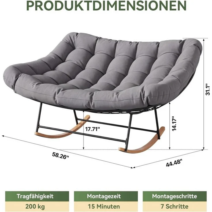AOXUN Schaukelstuhl XXL Doppelschaukelstuhl für Innen & Außen, bis 200 kg belastbar (1 St), Ergonomischer Groß-Sitz mit dicker PP-Polsterung, einfache Montage – Bild 2