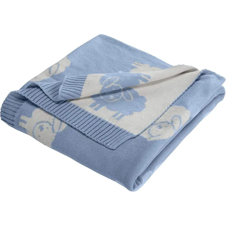 Bio Babydecke 100% Bio-Baumwolle (kbA) GOTS zertifiziert, Schäfchen Blau, 80x100 cm