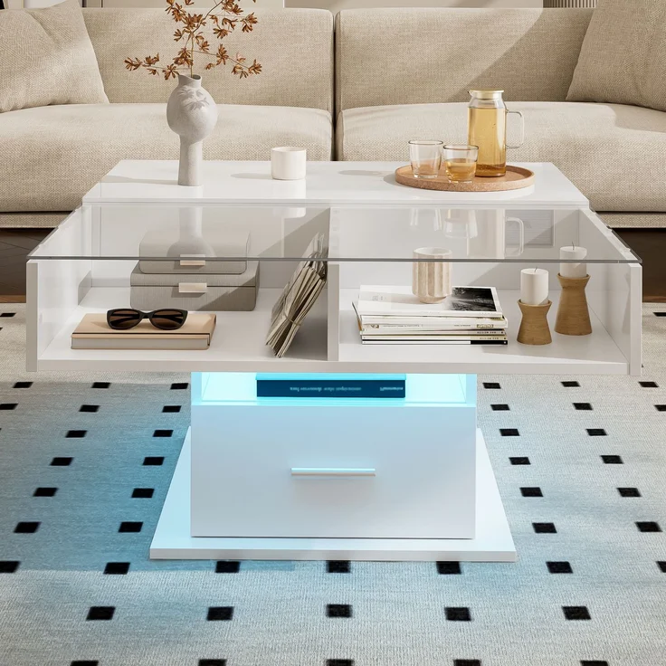 Lift-Couchtisch Weiß Hochglanz 78x78 cm höhenverstellbarer Tisch mit LED-Beleuchtung, Schublade und Ablagefach – Bild 6