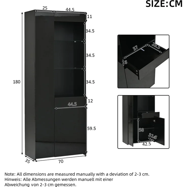 70*35*180cm Vitrine mit Schubladen, Vitrine Hochglanz, Glasvitrine mit LED-Beleuchtung,Hochschrank, Highboard Mit Schrank , Standvitrine,Trennwandlagerung, empfohlene Tragkraft 45kg,Schwarz – Bild 6