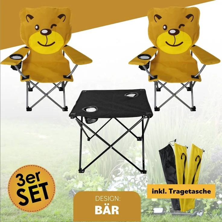 Kinder Camping Set 3tlg. Anglersessel Campingsessel Campingtisch faltbar Bär