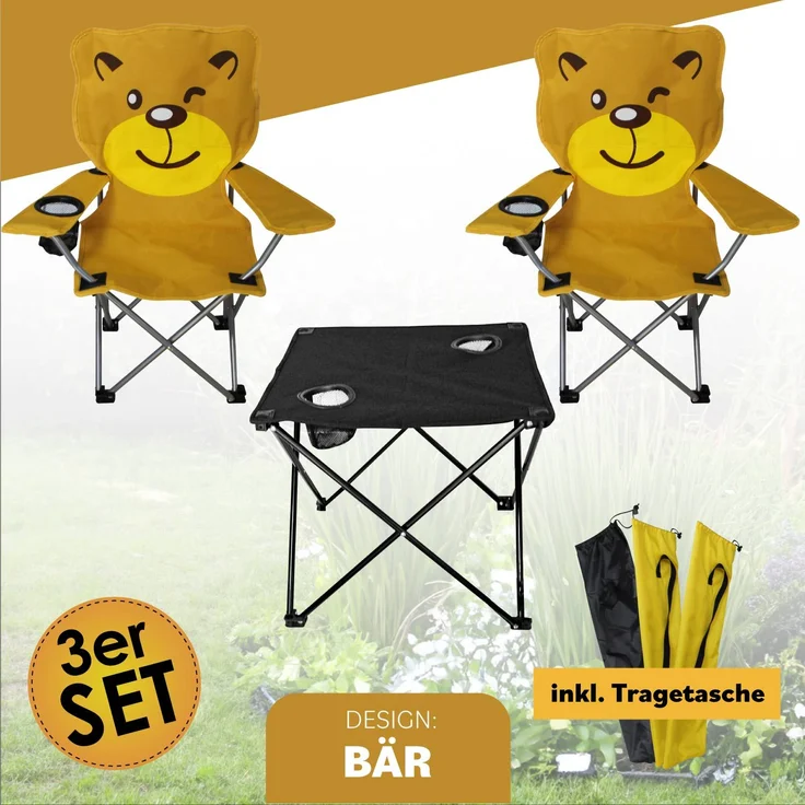 Kinder Camping Set 3tlg. Anglersessel Campingsessel Campingtisch faltbar Bär