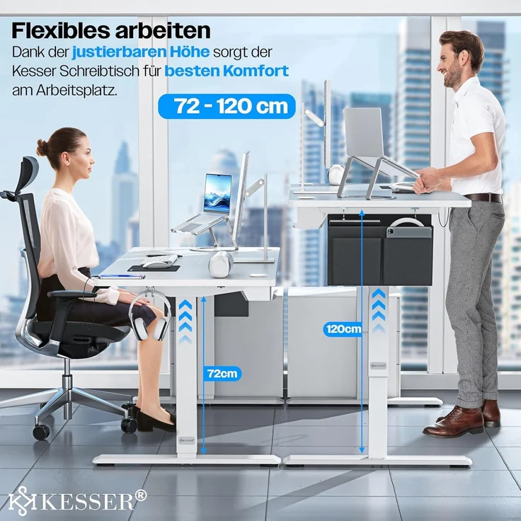 KESSER® Höhenverstellbarer Schreibtisch elektrisch | Ergonomisch Steh-Sitz Schreibtisch | 3-Funktions-Memory Steuerung | Inkl. 360° Rollen & USB-Ladeanschluss | Computertisch für Homeoffice Weiß, 140 x 70 cm – Bild 5