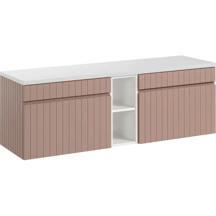 Vente-unique - Hängender Waschtischunterschrank gerillt mit Fächern – Rosa – B140 cm – SATARA