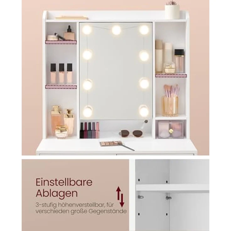 VASAGLE Schminktisch und Hocker Set, mit Spiegel und Beleuchtung | Kosmetiktisch mit 2 Schubladen, LED Licht, Organizer, Weiß, KAILYN Kollektion – Bild 6