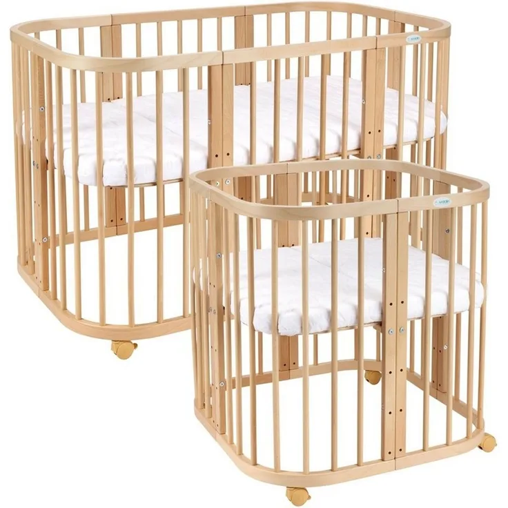 Waldin Babybett aus Holz 7in1 mit Matratze, mitwachsendes Kinder-Bett, belüftet, Boden 5-fach verstellbar, All-Inclusive-Set Holz natur, Ohne Stoffset