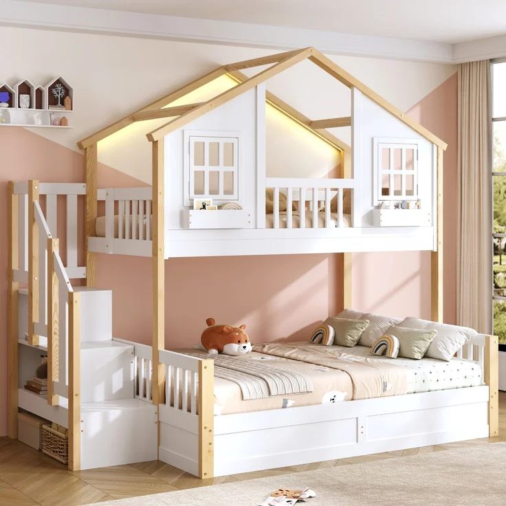Merax Etagenbett, Kinderbett, 90*200+140*200cm, Holzbett, Hausbett, mit hydraulischem Unterbett, Hochbett mit LED und Stauraumtreppe, weiß+Naturfarbe – Bild 3