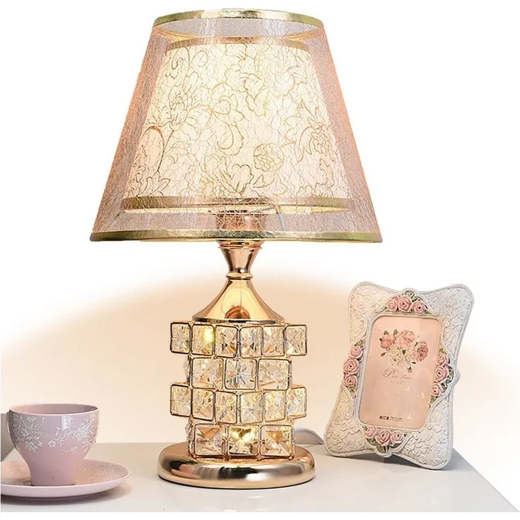 Luckice LED Nachttischlampe Schlafzimmerlampe,Gold Tischlampe Vintage,LED Teichleuchte, LED wechselbar, Knopfschalter,einfach zu bedienen. Kristallbasis,High-End-Luxus, tischlampe wohnzimmer/tischlampe schlafzimmer /tischlampe gold