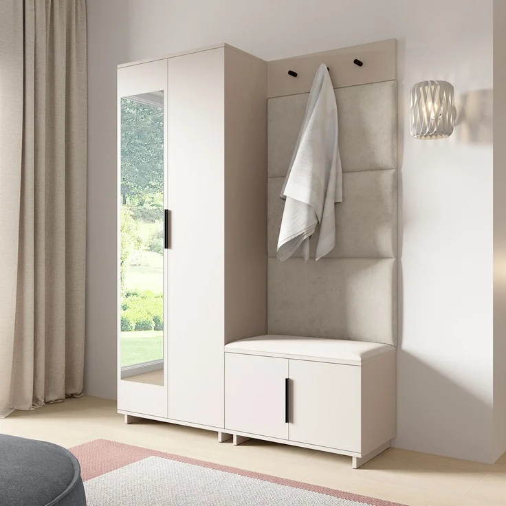 Garderoben-Set Napoli Version 3: Kleiderschrank mit Polsterpaneelen, Schuhschrank Flur und Eingangsbereich (Cashmere/Trinity 01 Cream), 189 x 40 x 140 cm – Bild 1