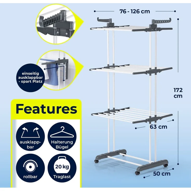 EASYmaxx Klappbarer Wäscheständer | Effizientes Trocknen mit 3 Ebenen, 2 Seitenflügeln & leichtem Aufbau | Platzsparend, vielseitig und mobil für drinnen und draußen, Grau/Weiß – Bild 5