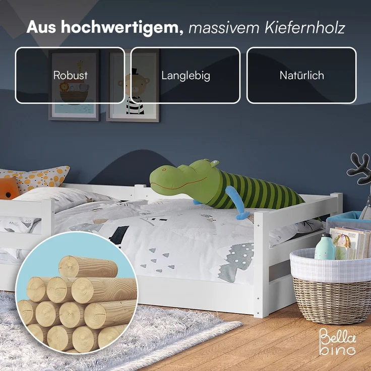 Bellabino 'Iskri' Bodenbett 90x200 cm, weiß, Massivholz Kiefer, Montessori Kinderbett mit Rausfallschutz und Lattenrost – Bild 6