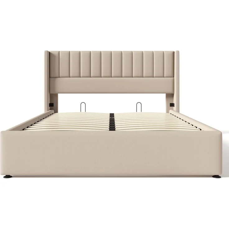 Stauraumbett Polsterbett 160x200 cm Doppelbett mit Hydrauliksystem, Lattenrost aus Holz und Metallrahmen, Leinen, Beige – Bild 7