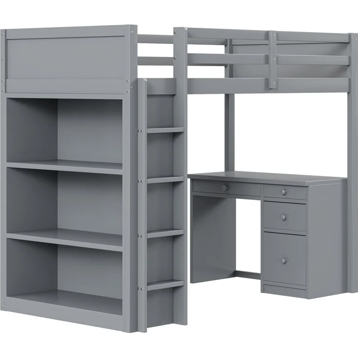 Hochbett 90x200 cm mit Aufbewahrung und Schreibtisch – modulares Massivholz-Design,Grau,platzsparend – Bild 6